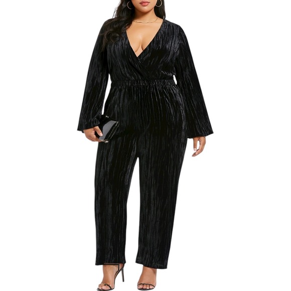 A New Day Black Crushed Velvet Jumpsuit Women's XL Long Sleeve Surplice Party - Picture 1 of 8